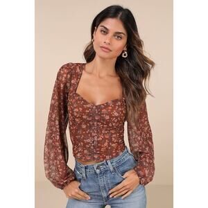 Lulus Feeling So Cute Brown Floral Mesh Balloon Sleeve Crop Top - Size L